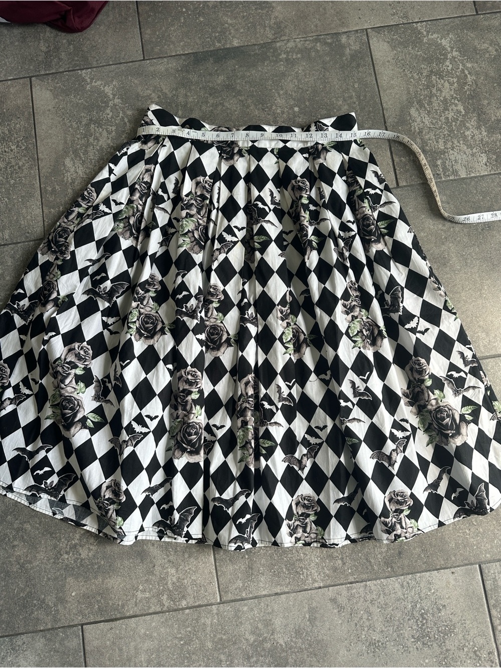 Hell Bunny Gothic Bat & Rose Skirt | Black White Harlequin Print | Size M